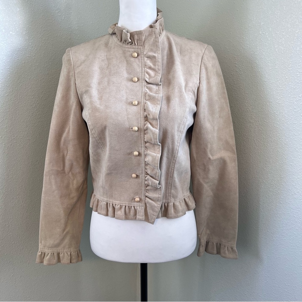 Vintage Abe Schrader Size 4 Suede Leather Jacket Beige Ruffle Trim